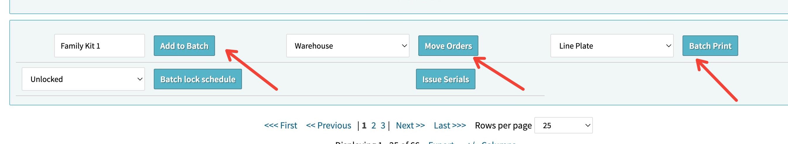 Screenshot of Release to Production to add orders to batch, move to warehouse/material prep, and print documents, for selected orders.