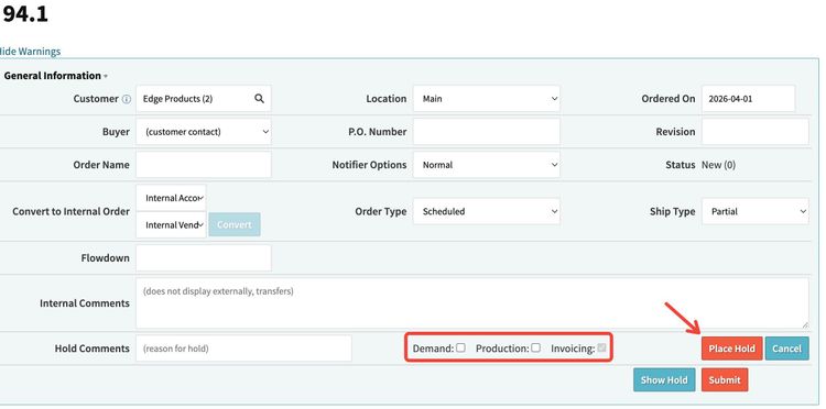 Screenshot in Cetec ERP displaying the order hold types.